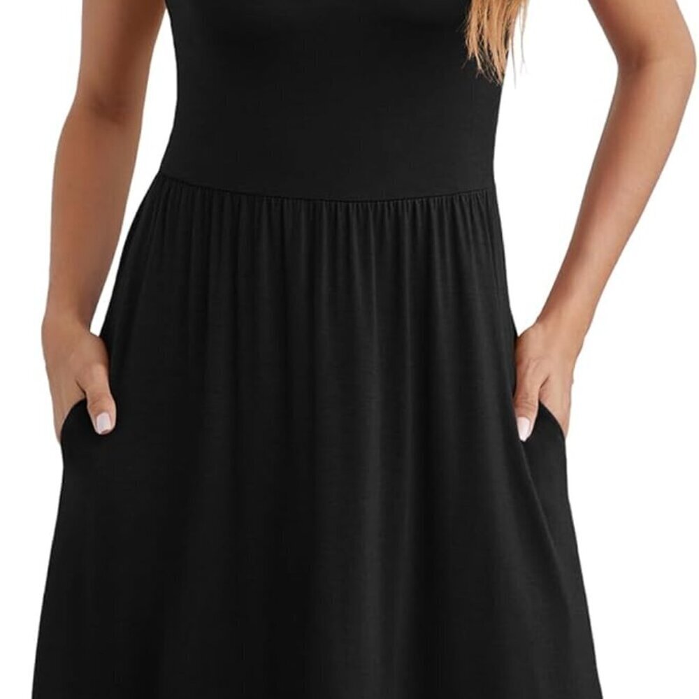 Women's Summer Sundress Rayon Blend Knee Length Pleated Ruffle Hem Sleeveless Po